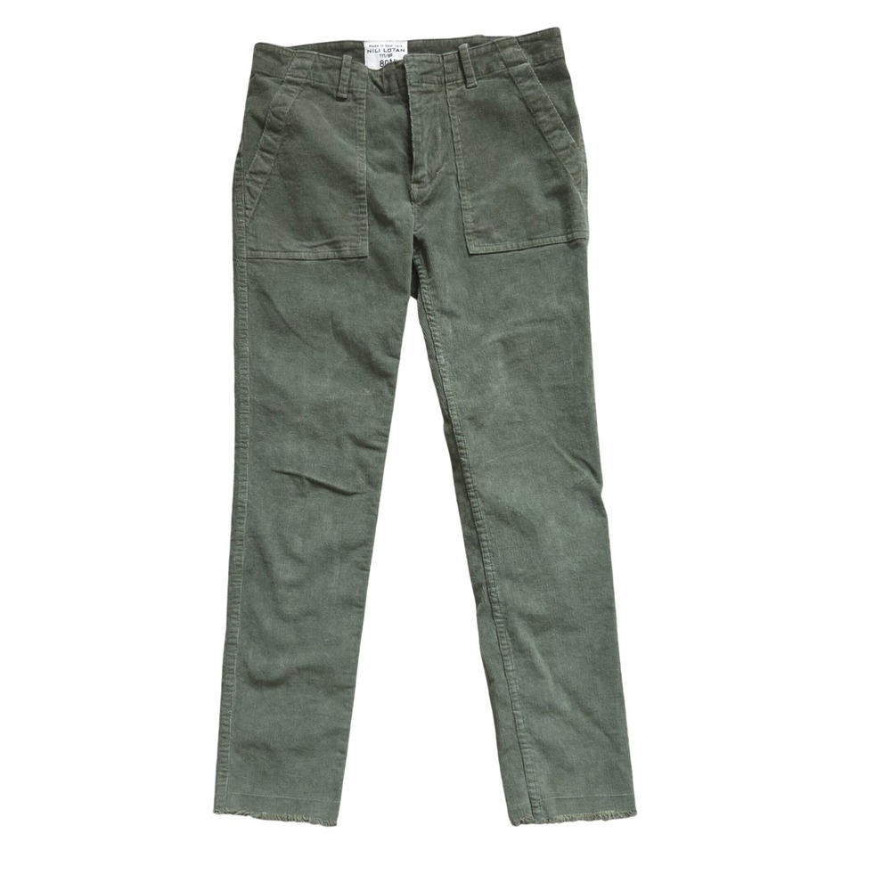 Nili Lotan Jenna Corduroy Pants Olive Green Slim Straight Raw Hem Womens Size 0